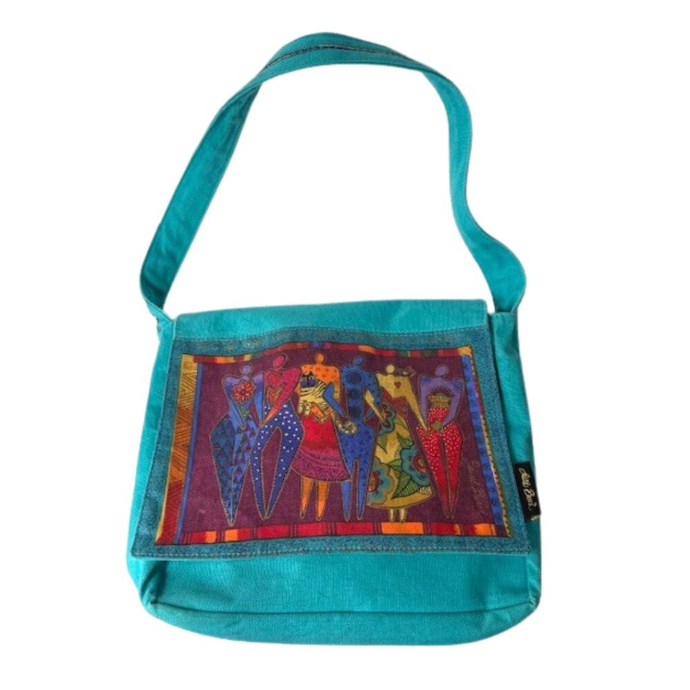 Laurel Burch wearable art turquoise canvas shoulder bag.